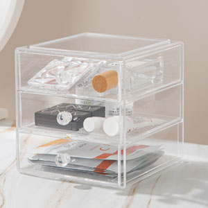 Makeup Organiser Storage Box with 3 Drawers, Acrylic Cosmetic Storage Case Jewelry Display Box Caddy for Sunglasses Jewelry Dressing Table Vanity Counter in the Bedroom Bathroom Gift Idea, Transparent 15 make-up organziser box