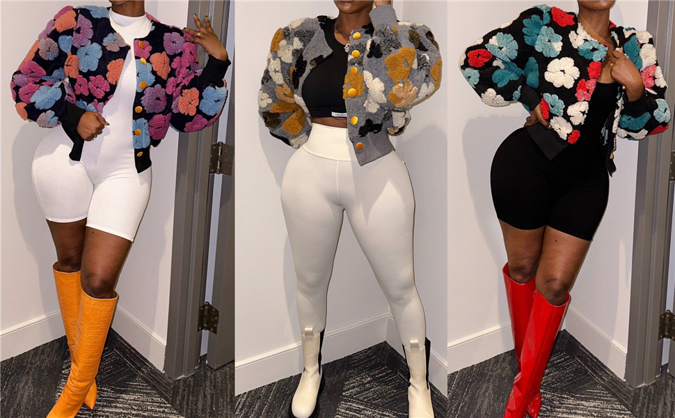 Womens Cropped Floral Print Fleece Bomber Jacket Puff Sleeve Button Down Varsity Coat Outerwear