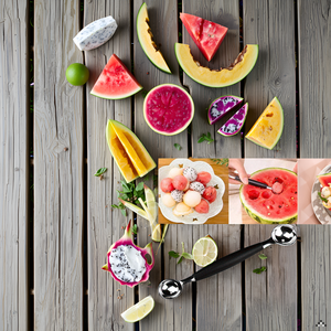 A vibrant and colorful arrangement of various melons and fruits on a rustic wooden table, showcasing