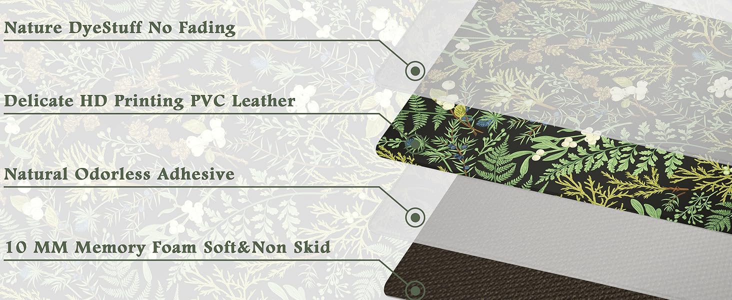 Black Green Botanical Kitchen Rugs Set of 2 Plant Leaf Anti-Fatigue Kitchen Mat