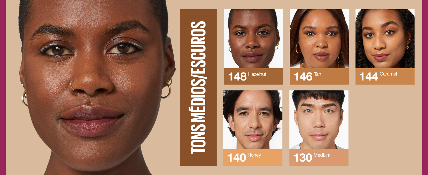 A imagem exibe modelos de pele negra e os tons escuros e médios do produto cor 148,146,144,140 e 130