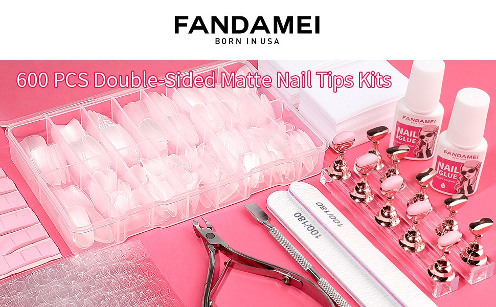 FANDAMEI 600 PCS False Nail Tips, Matte Medium Almond Full