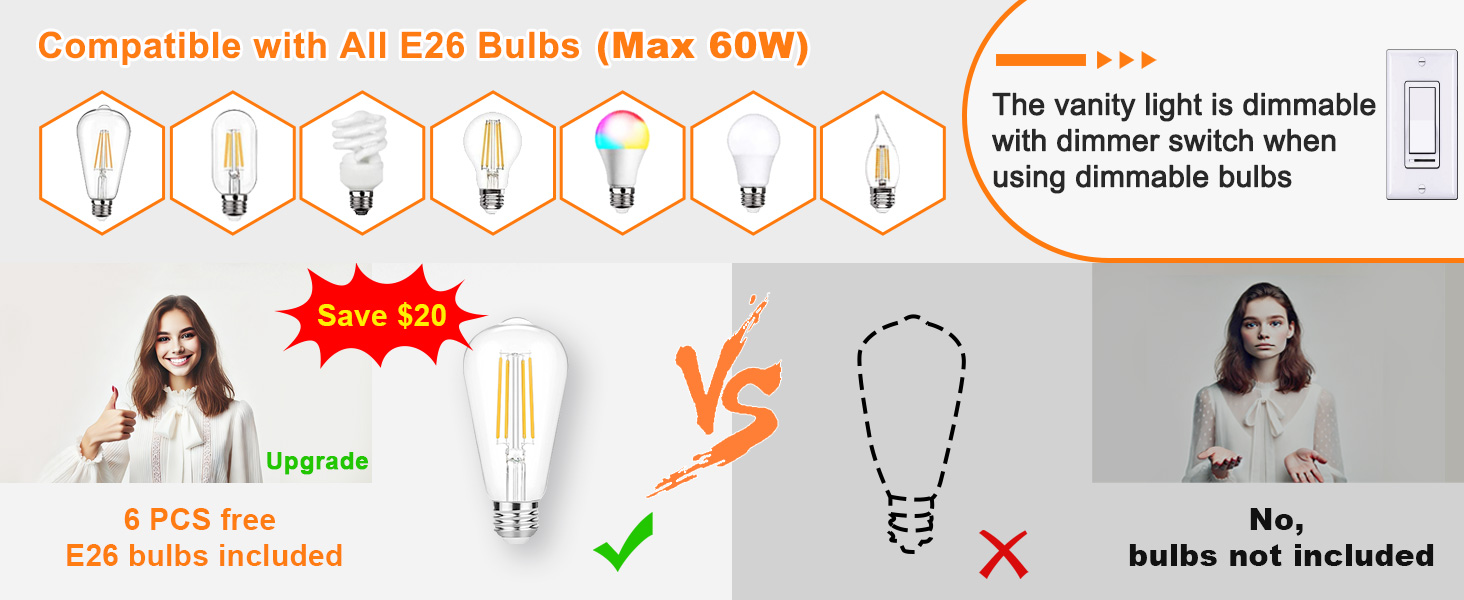 The bathroom vanity light with 6 free E26 Bulbs
