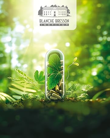 Capsule transparente contenant des suppléments à base de plantes vertes entourée de feuilles fraîches et de verdure, filtrée par la lumière du soleil. Logo Blanche Bresson visible.