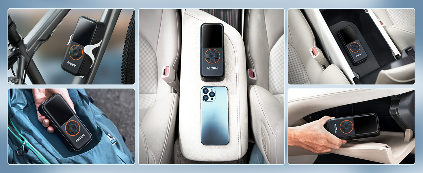 Collage of six images showing a small black device with a circular lens, installed in various locations inside a vehicle. The device appears to be a car camera or monitoring system.