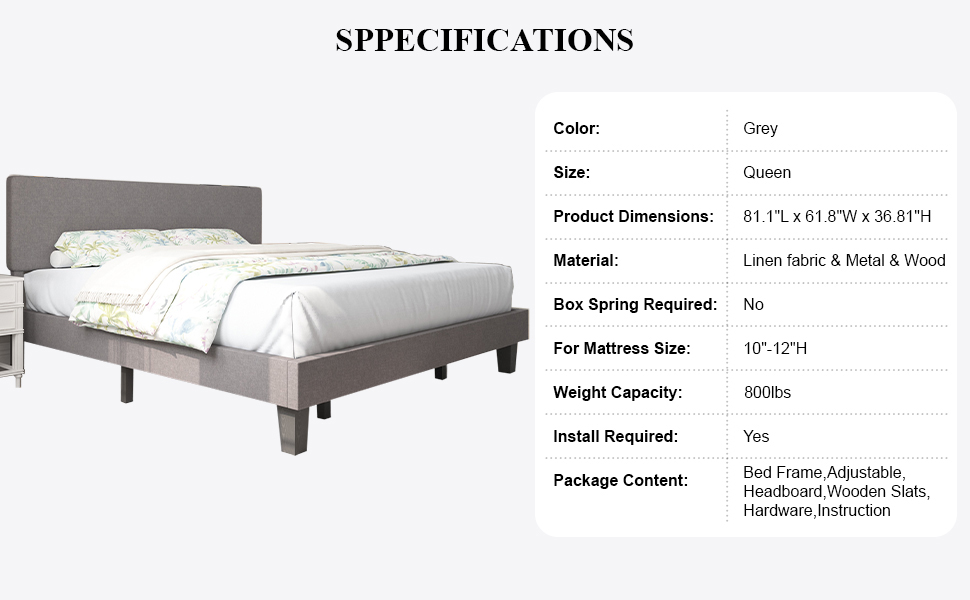 LOEWAY Queen Size Bed Frame with Adjustable Headboard