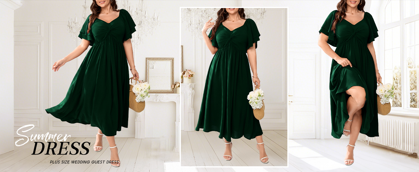 Plus Size Wedding Guest Cocktail Dresses Sweetheart Neckline Ruffle Sleeve Maxi Dress