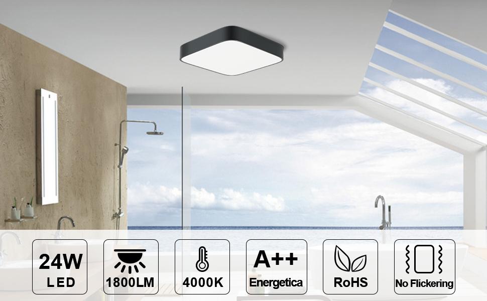 Plafonnier LED 24W, 1800lumen 4000K blanc naturel, 220V 16LEDs, plafonnier  led utilitaire carré noir pour salle de bain salon garage couloir armoire  sous-sol bureau d'escalier