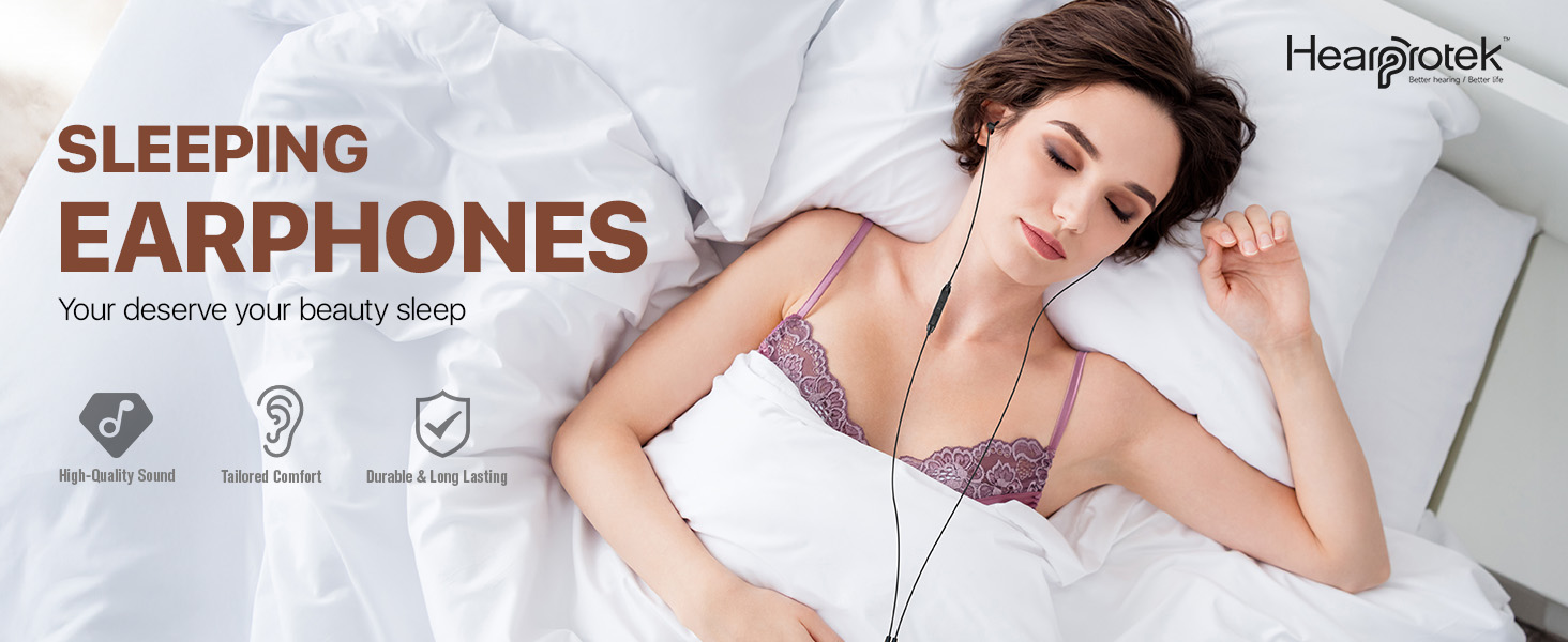 Sleeping earphones advertisement showing a person resting on white bedding. Icons indicate diamond-like quality, ear-related function, and shield protection.