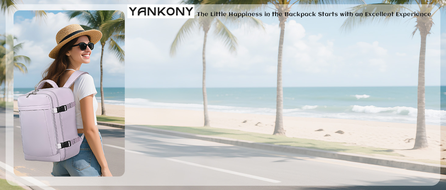 Le texte indique « YANKONY ». Scène de plage avec palmiers et vue sur l'océan, avec un sac à dos de couleur claire à plusieurs compartiments.