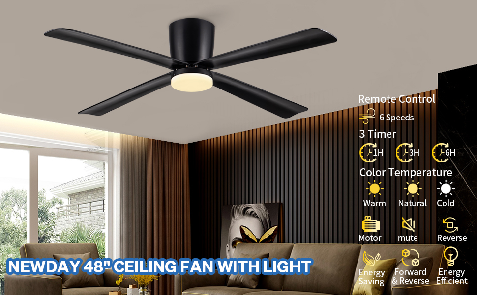 Newday Black Ceiling Fans with Lights and Remote Control, Quiet DC