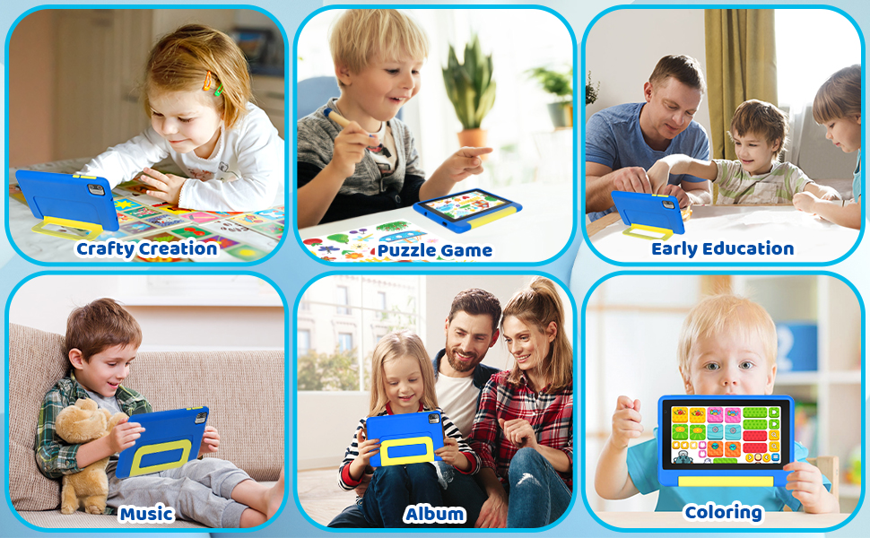 Collage of six images showing children using a blue tablet device for various activities including crafts, puzzles, education, music, photo albums, and digital coloring.