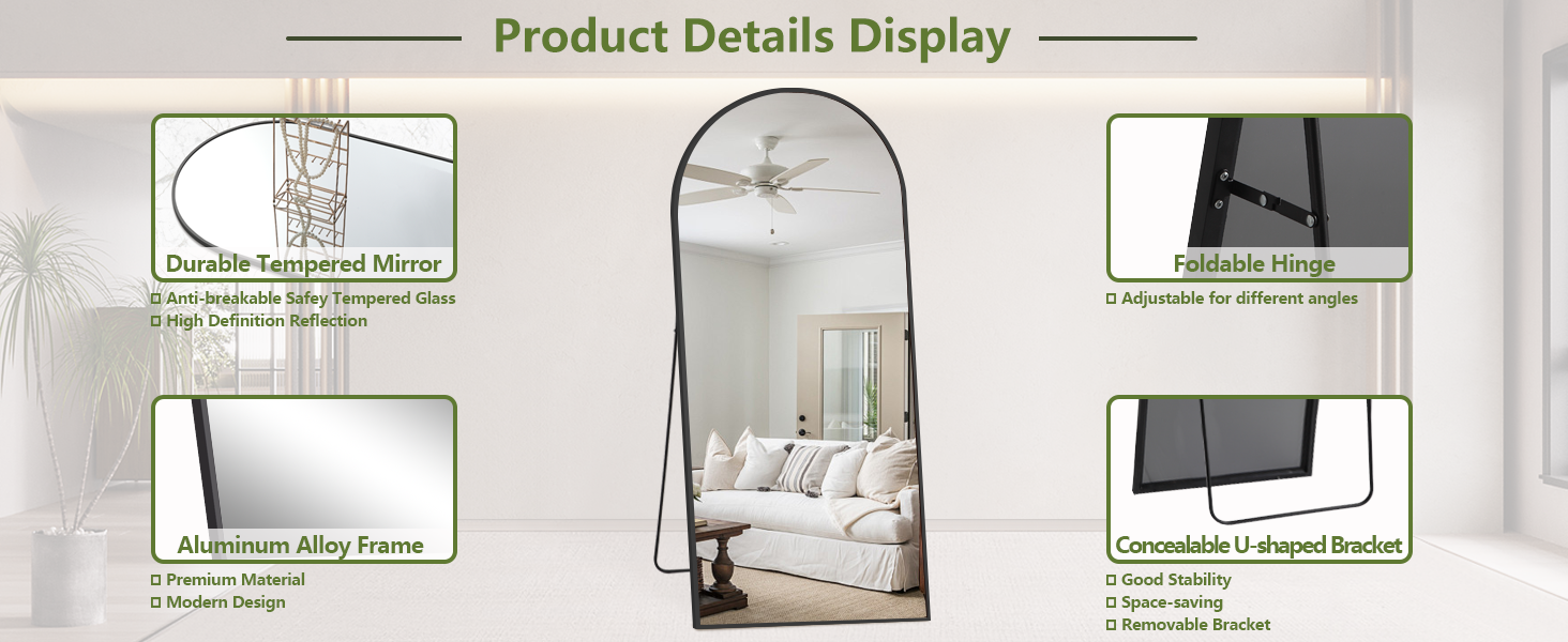 Arched Floor Mirror, Leaning Hanging Mirror with Aluminum Frame, for Living Room, Bedroom, Cloakroom, Hallway, Black