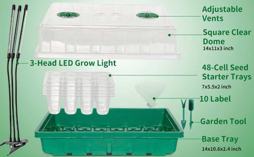 Seed Starter Kit with Grow Light Adjustable Brightness & Humidity Domes
