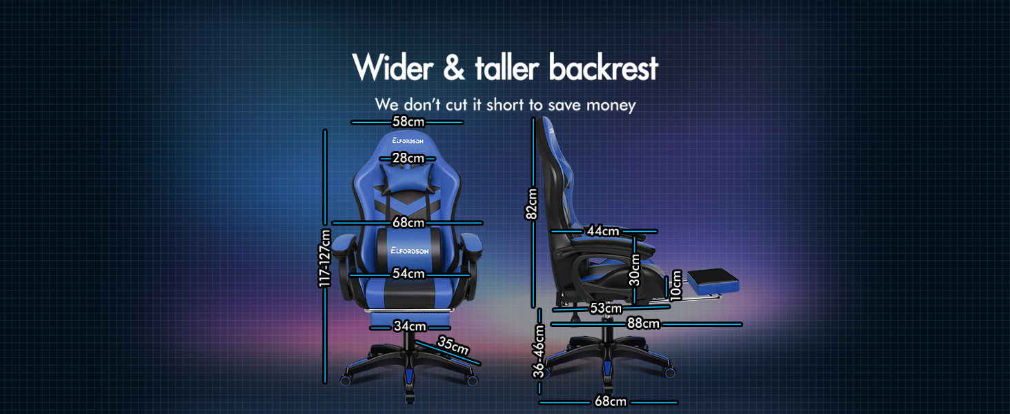 ELFORDSON Gaming Chair With RGB LED Light 8-Point Massage, Blue & Black 16 5-5