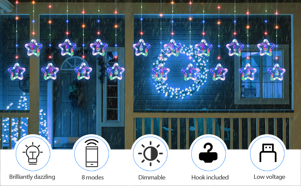 Blue LED star-shaped window lights with a wreath design. Features include 8 modes, dimmable settings, and low voltage operation.