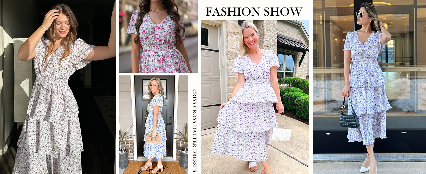 Women's Long Flowy Dress 2024 Summer Short Sleeve Ruffle Tiered V Neck Midi Wedding Guest Dresses