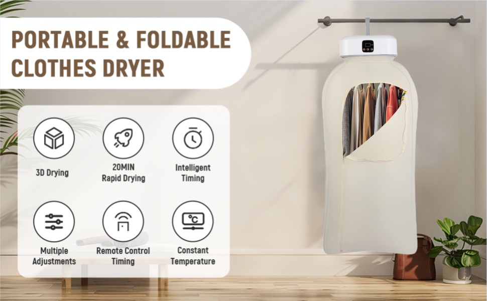 Portable Dryer With 480 Minute Timer Function 20 Minute Quick Drying Mini Dryer - a Compact Suitable for RVs, Apartments, Travel, Student Dormitories, equipped With a Drying Bag Remote Control 2 Portable dryer
