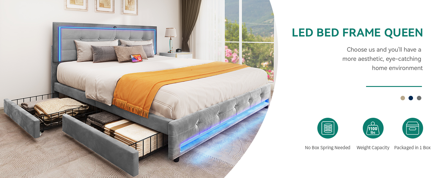 DWVO Storage Bed Frame Queen Size, LED Bed Frame with
