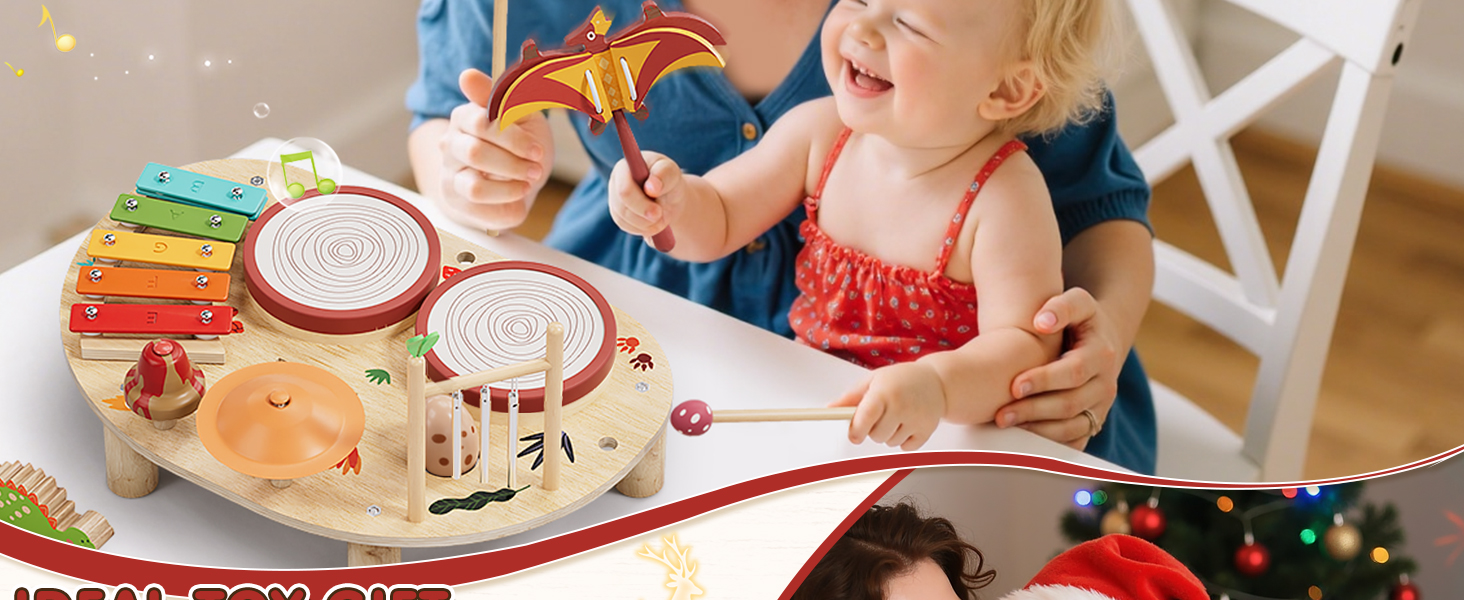 Baby Drum Set, Wooden Musical Instruments, Montessori Toys for Toddlers 1-3