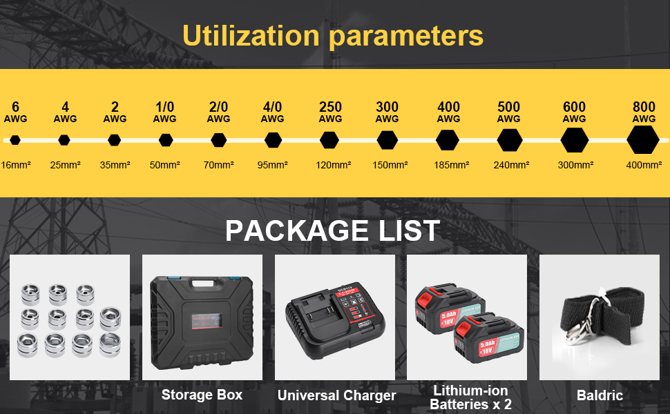 Includes 11 crimping dies (16-400 sq mm), 2 powerful 5.0Ah batteries, a charger, a shoulder strap