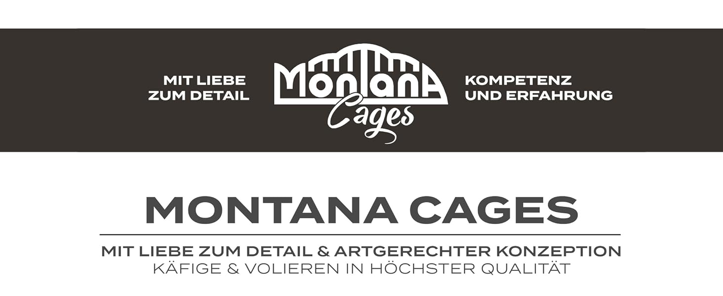 Logo und Text für Montana Cages, die Liebe zum Detail, Kompetenz und Erfahrung in der Konstruktion und Herstellung von Käfigen betonen