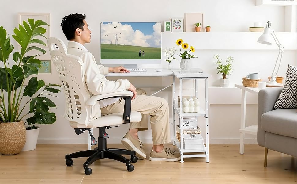 Amazon.co.jp: VECELO L字デスク パソコンデスク 幅110×奥行80cm 棚