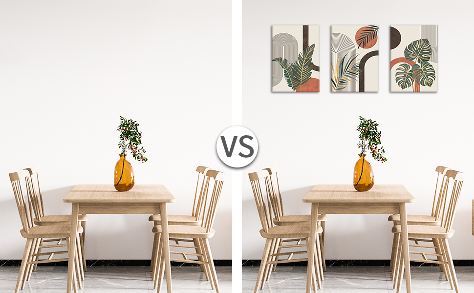 Comparison of dining areas: left side features wall art with abstract leaf designs, right side has blank wall. Both show wooden table, chairs, and yellow vase with plant.
