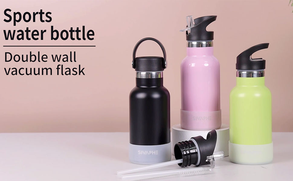 Sivaphe 12oz Water Bottle with Straws and 2 Lids, Stainless Steel