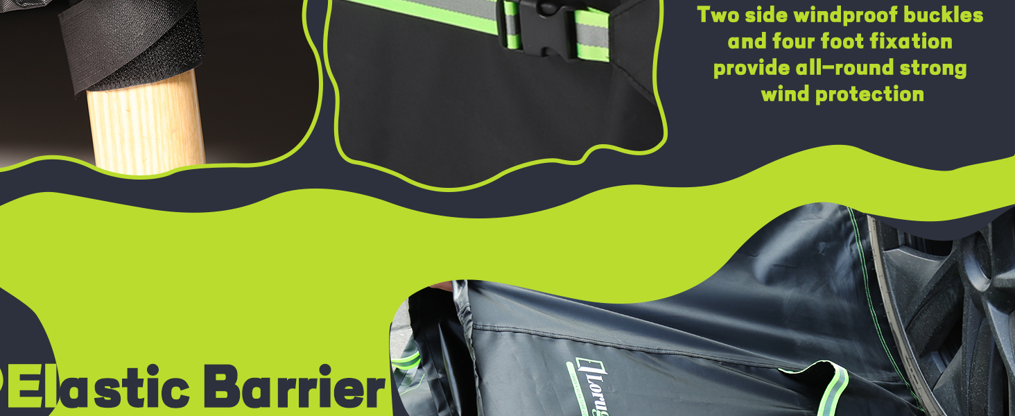 Close-up of an elastic barrier system with waterproof buckles and foot fixation features, shown against a black and neon green background.