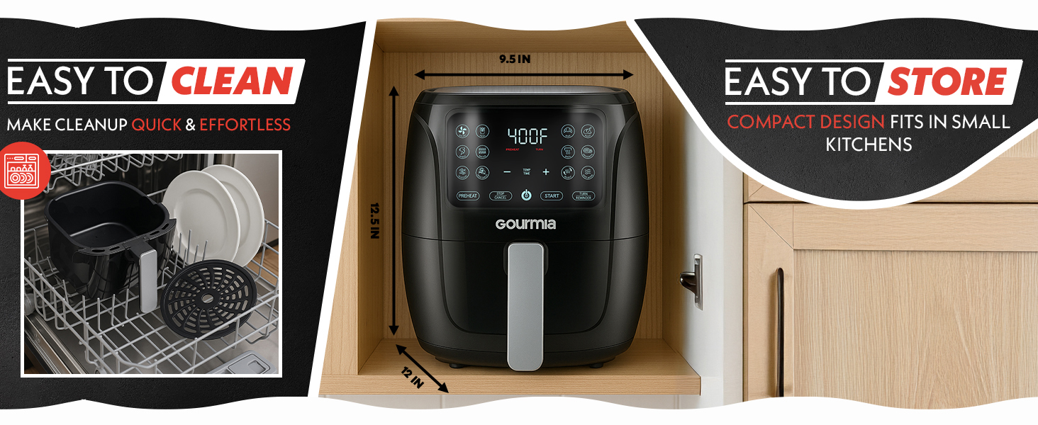 Compact air fryer with 10-inch depth, 9-inch width, and 14-inch height