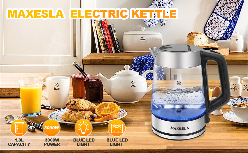 Maxesla Glass Electric Kettle 2000w, 1.8 Litre Glass Kettles Electric