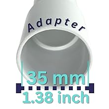 SAFE 'N CLEAN Pet Hair Brush, Vacuum Cleaner Accessory, Dog Brush, Cat Brush, 3 in 1 Set, Compatible with Dyson Miele, Siemens, Rowenta, AEG Karcher, Incl 19 Adaptador cilíndrico blanco con la palabra «Adaptador» impresa en la parte superior. Dimensiones mostradas: 35 mm o 1,38 pulgadas de diámetro. El interior es visible, lo que sugiere que se trata de un conector o accesorio