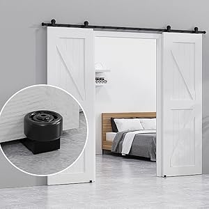 White sliding barn doors leading to a bedroom. Inset image shows a black circular floor guide for the door system.