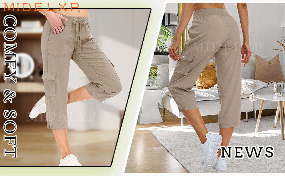 [CERRIC] WAIST STRING CAPRI CARGO PANTS /追跡付 Cargo Capris for Women Trendy Comfy Hiking Cargo Pants