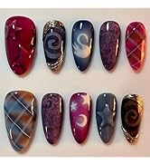 SHOT Almond Press on Nails - Medium Fake Nails, Glossy Finish, Cute Pattern & White Swan, DIY Art...