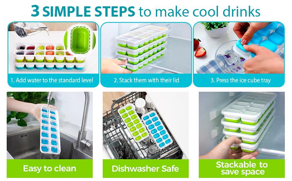 TORGENN Lot de 4 Bacs à Glaçons avec Couvercle - Silicone facile à démouler - Certifié LFGB - Sans BPA - Bleu/Vert - 56 moules à glaçons - Whisky, cocktail, glaces, congélateur, boissons - Bébé Etape facile remplissez les bacs facilement lave vaisselle facile à laver et nettoyer rincer