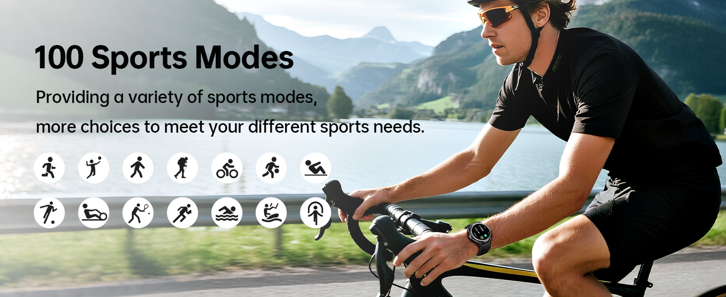 Text reads '100 Sports Modes'. Wide promotional banner showing various sport activity icons and water-based activities in a blue background design.