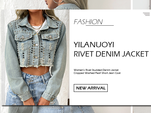 YILANUOYI Women's Rivet Studded Denim Jacket Cropped Washed