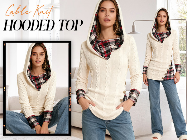 ZEZCLO Women's Twisted Cable Knit Plaid Print Hooded Sweater