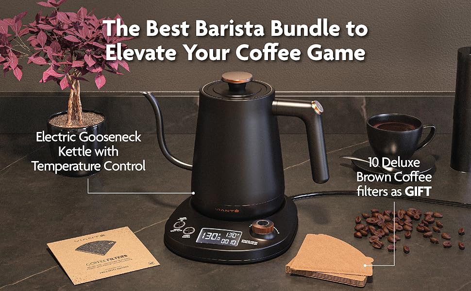 best barista bundle includes 1 gooseneck kettle with thermometer & 10 deluxe coffee filters as gift