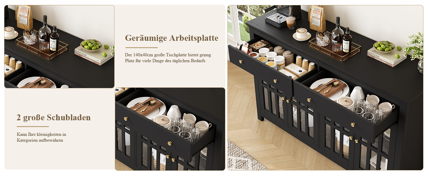 Badezimmer-Organizer-Set aus Keramik mit mehreren Fächern für Toilettenartikel. Dunkle Holzoberfläche mit weißen Keramikeinsätzen. Produktinformation auf Deutsch