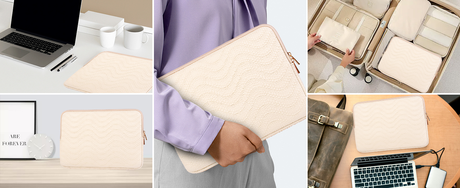 Collection of beige textured notebooks or planners shown in multiple settings with laptop and office accessories.