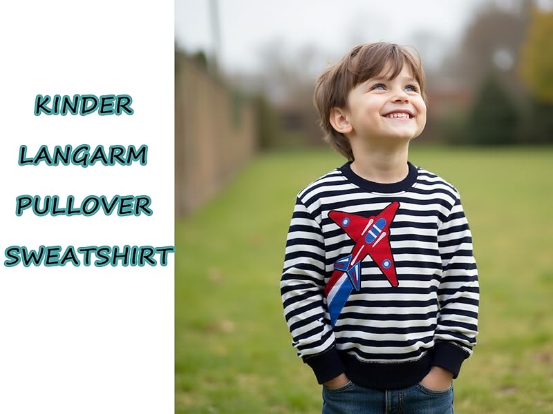 Der Text lautet „KINDER LANGARM PULLOVER SWEATSHIRT“. Zeigt ein gestreiftes Hemd mit rotem Design auf weißem Hintergrund.