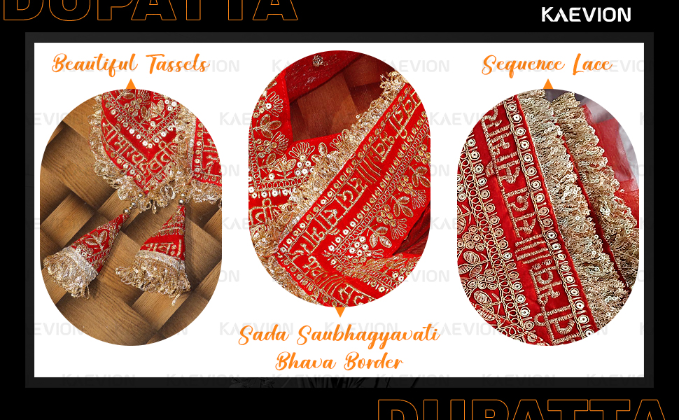 KAEVION 2.5M Red Net Sada Saubhagyavati Bhava Bridal Wedding Dupatta Sequence lace Dulhan Chunni