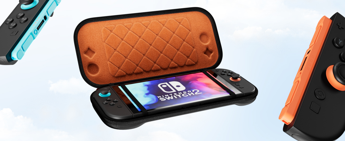 Poignées ou poignées de manette de jeu texturées orange présentées sous plusieurs angles, avec des accents bleus et ce qui semble être un support de téléphone ou d'appareil.