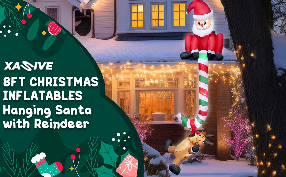 8ft Christmas Inflatables Hanging Santa with Reindeer