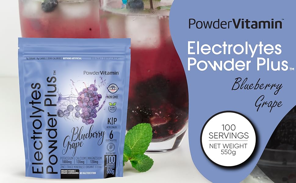 PowderVitamin Electrolytes Powder Plus (100 Servings) Blueberry Grape Electrolyte