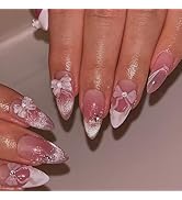 IMRAIN Almond Press on Nails Medium Pink Ombre Fake Nails White French Nail Tips Cute Cat's Eye F...