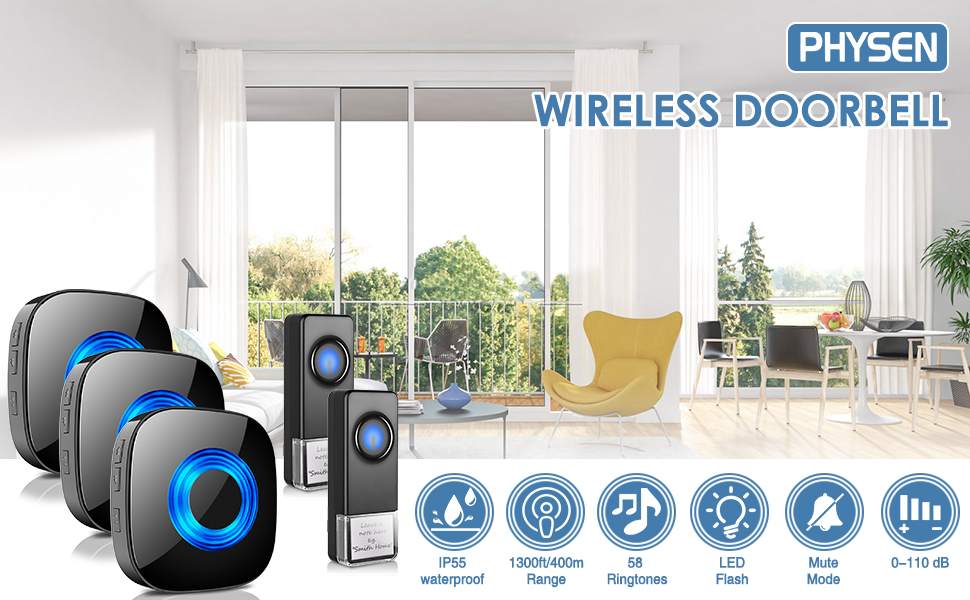 Wireless Doorbell PHYSEN Door bell Chimes with Mute Mode, 58 Ringtones